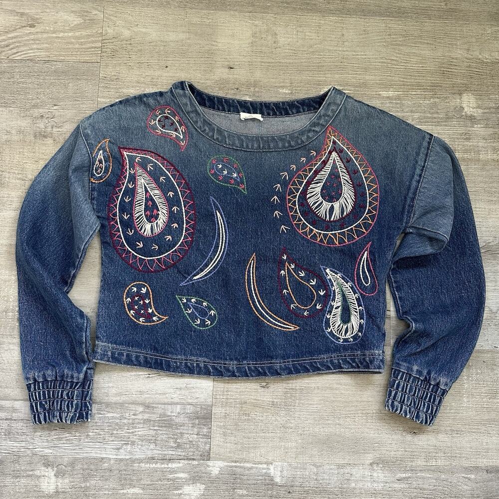 Eze Sur Mer Blue Denim Embroidered Paisley Cropped Long Sleeve Women's Top